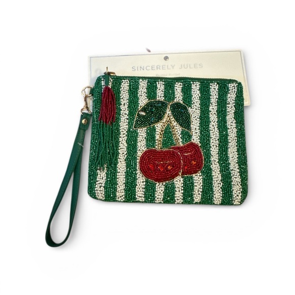 Sincerly Jules Handbags - Sincerely Jules Striped Green and White Beaded Wristlet